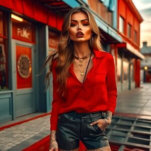Red collared button down satin shirt